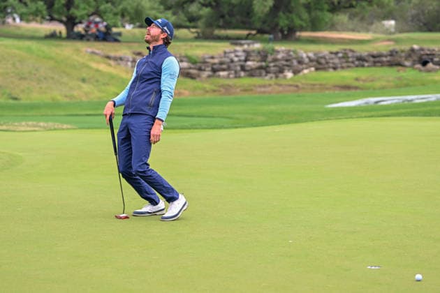 SAN ANTONIO, TX - APRIL 05: Sam Ryder (USA) reacts to barely missing his birdie putt on 16 during the third round of the Valero Texas Open on April 5, 2026, at the AT&T Oaks Course at TPC San Antonio, San Antonio, Texas. (Photo by Ken Murray Icon Sportswire) GOLF: APR 05 PGA, Golf Herren Valero Texas Open EDITORIAL USE ONLY Icon2604050244