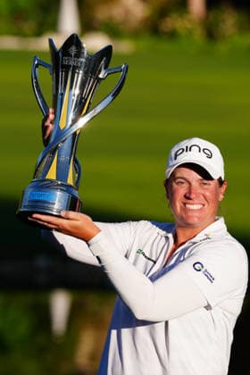 LAS VEGAS, NV - APRIL 05: LPGA, Golf Damen golfer Lauren Coughlin poses with the trophy after winning the Aramco Championship on April 5, 2026, at Shadow Creek Golf Course in Las Vegas, Nevada. (Photo by Brian Spurlock Icon Sportswire) GOLF: APR 05 LPGA Aramco Championship EDITORIAL USE ONLY Icon26040556