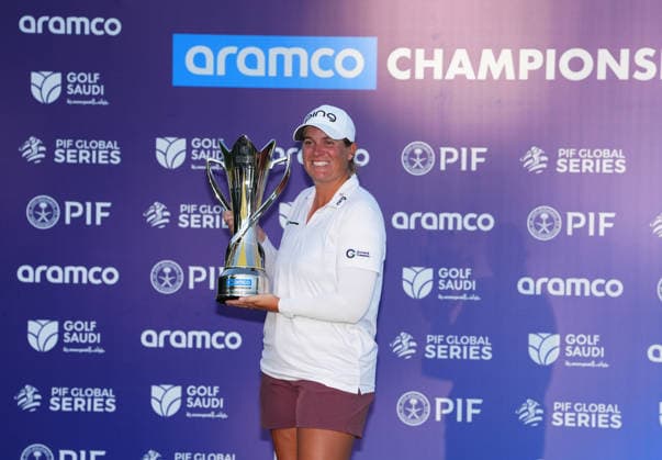 LAS VEGAS, NV - APRIL 05: LPGA, Golf Damen golfer Lauren Coughlin poses with the trophy after winning the Aramco Championship on April 5, 2026, at Shadow Creek Golf Course in Las Vegas, Nevada. (Photo by Brian Spurlock Icon Sportswire) GOLF: APR 05 LPGA Aramco Championship EDITORIAL USE ONLY Icon26040567