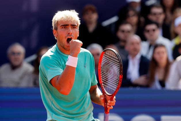 (260406) -- BUCHAREST, April 6, 2026 -- Daniel Merida of Spain celebrates scoring during the final match against Mariano Navone of Argentina at the ATP, Tennis Herren 250 Tiriac Open tennis tournament in Bucharest, Romania, April 5, 2026. (Photo by Xinhua) (SP)ROMANIA-BUCHAREST-TENNIS-ATP 250 TIRIAC OPEN CristianxCristel 