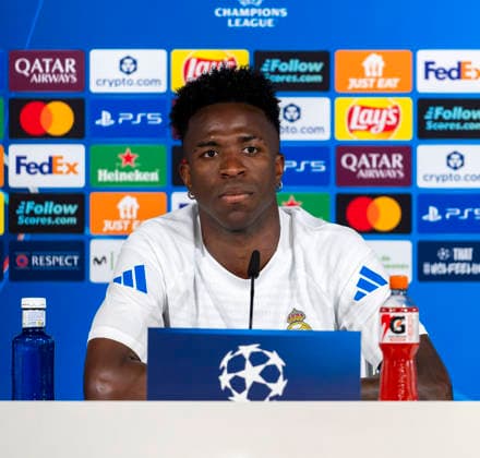 RECORD DATE NOT STATED 06.04.2026, Fussball UEFA Championsleague 2025 2026: Vor dem Viertelfinale, Real Madrid - FC Bayern München, Am Vortag des Spieles Pressekonferenz von Real Madrid im Estadio Bernabeu in Madrid (Spanien), Vinicius Junior (Real Madrid) vor den Journalisten