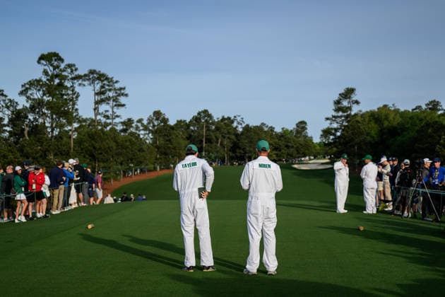 260406 The caddies of Nick Taylor of Canada and Alex Noren of Sweden take notes during a practice round prior to the 2026 Masters Golf Tournament on April 6, 2026 in Augusta. Photo: Petter Arvidson BILDBYRAN kod PA PA1190 golf masters bbeng the masters augusta caddie genre Copyright: PETTERxARVIDSON BB260406PA021