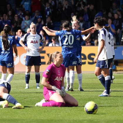 Sam Kerr of Chelsea Women heads the opening goal to make it 1-0 and celebrates during the Women s FA Cup Quarter Final match between Chelsea Women and Tottenham Hotspur Women at Kingsmeadow Stadium, Kingston, England on 6 April 2026. Copyright: xKenxSparksx 44810005