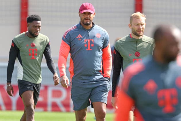 v.l. 19 Alphonso Davies, Trainer Vincent Kompany, 27 Konrad Laimer, Portraet, Portrait, Fussball Abschlusstraining vor UEFA Champions League Spiel Real Madrid CF - FC Bayern München 06.04.2026 Trainingsgelände, Säbenerstr. FOTO: Mladen Lackovic LakoPress