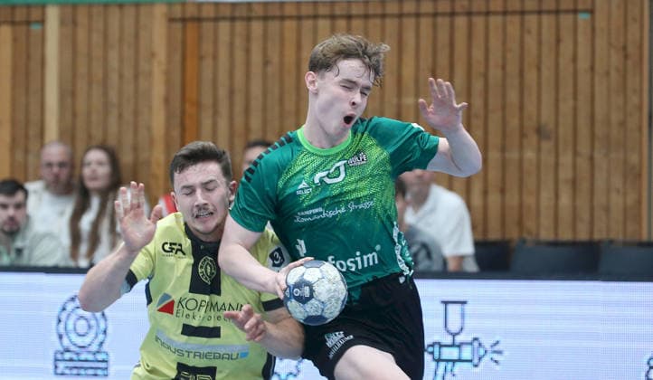 06.04.2026, xfsx, Herren, Handball, Saison 2025 2026, 3. Liga, Staffel Sued, 16. Spieltag: Woelfe Wuerzburg - SG Koendringen-Teningen v.li.: Peter Feisst (SG Koendringen-Teningen), Milan Kuett (Woelfe Wuerzburg) Wuerzburg tectake ARENA Bayern Deutschland