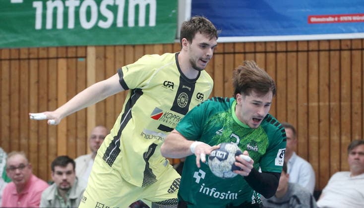 06.04.2026, xfsx, Herren, Handball, Saison 2025 2026, 3. Liga, Staffel Sued, 16. Spieltag: Woelfe Wuerzburg - SG Koendringen-Teningen v.li.: Adam Petric (SG Koendringen-Teningen), Jonas Krenz (Woelfe Wuerzburg) Wuerzburg tectake ARENA Bayern Deutschland