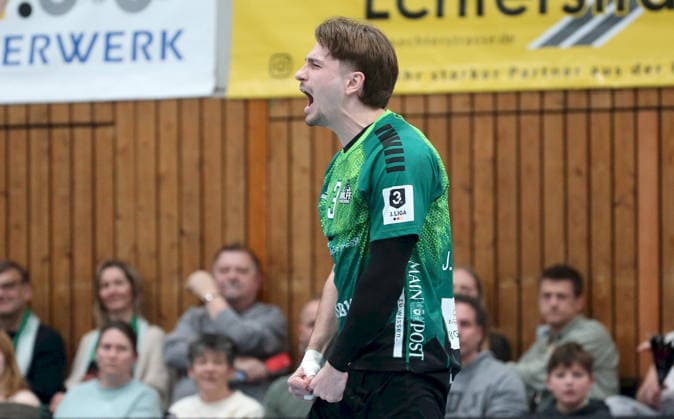 06.04.2026, xfsx, Herren, Handball, Saison 2025 2026, 3. Liga, Staffel Sued, 16. Spieltag: Woelfe Wuerzburg - SG Koendringen-Teningen v.li.: Jonas Krenz (Woelfe Wuerzburg) jubelt, Einzelbild Wuerzburg tectake ARENA Bayern Deutschland