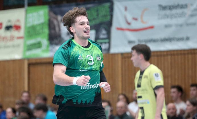 06.04.2026, xfsx, Herren, Handball, Saison 2025 2026, 3. Liga, Staffel Sued, 16. Spieltag: Woelfe Wuerzburg - SG Koendringen-Teningen v.li.: Jonas Krenz (Woelfe Wuerzburg) jubelt Wuerzburg tectake ARENA Bayern Deutschland