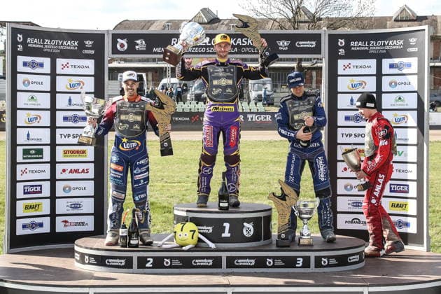Opole 06.04.2026. Zuzel Zloty Kask Final Memorial Jerzego Szczakiela 2026 --- Speedway polish golden helmet final nz podium, Dominik Kubera, Kacper Woryna, Piotr Pawlicki, Damian Ratajczak Fot. Konrad Swierad Arena Akcji NEWSPIX.PL --- newspix.pl 