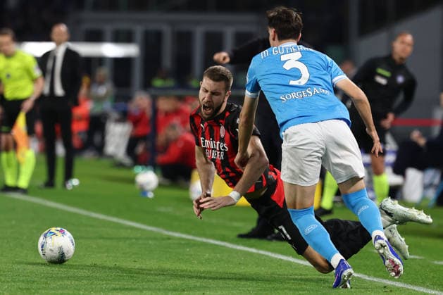 Strahinja Pavlovic of AC Milan and Miguel Gutierrez of SSC Napoli during the Serie A 2025 2026 football match between SSC Napoli and AC Milan at Diego Armando Maradona stadium in Naples (Italy), April 06th, 2026. CesarexPurini