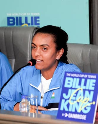 Player Zeel Desai speaks during a press conference, PK, Pressekonferenz ahead of the Billie Jean King Cup 2026 New Delhi, Apr 06 (ANI): Indian tennis player Zeel Desai speaks during a press conference ahead of the Billie Jean King Cup 2026 at Delta Stadium, in New Delhi on Monday. New Delhi Delhi India Copyright: xANIx ANI_20260406269