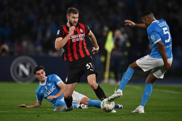Strahinja Pavlovic of A.C. Milan and Miguel Gutierrez of S.S.C. Napoli are in action during the 31th day of the Serie A Championship between S.S.C. Napoli and A.C. Milan at the Diego Armando Maradona Stadium on April 6, 2026 in Naples, Italy.  Copyright: xDomenicoxCippitelli IPAxSportx xipa-agency.netx xx IPA_73794881 IPA_Agency_IPA73794881