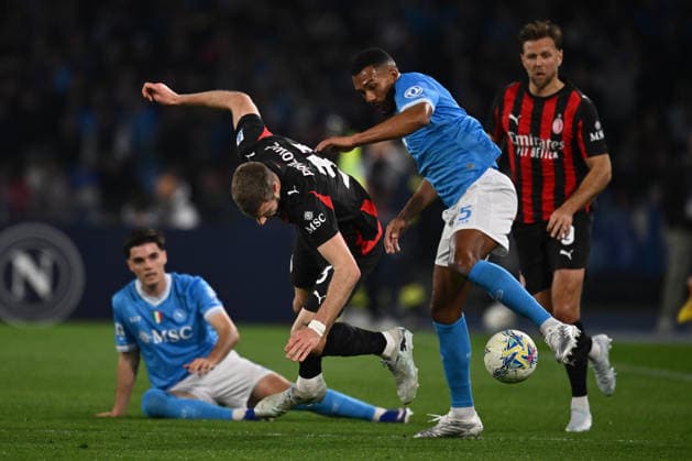Strahinja Pavlovic of A.C. Milan and Miguel Gutierrez of S.S.C. Napoli are in action during the 31th day of the Serie A Championship between S.S.C. Napoli and A.C. Milan at the Diego Armando Maradona Stadium on April 6, 2026 in Naples, Italy.  Copyright: xDomenicoxCippitelli IPAxSportx xipa-agency.netx xx IPA_73794882 IPA_Agency_IPA73794882