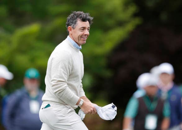 Rory McIlroy of Norther Ireland walks up the 8th fairway during a practice round on the Monday before The Masters Tournament at Augusta National Golf Club on Monday, April 6, 2026 in Augusta, Georgia.  AUG20260406141 JOHNxANGELILLO