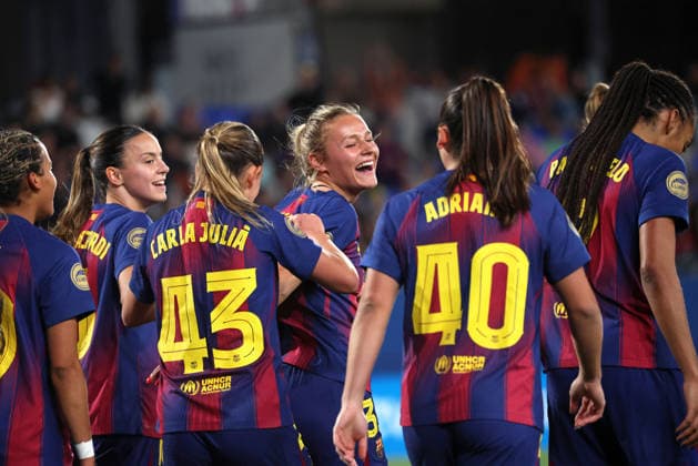 FC Barcelona, Barca Femeni v FC Badalona - Liga F Moeve Martine Fenger celebrates during the match between FC Barcelona Femeni and Futbol Club Badalona Women, corresponding to week 25 of the Liga F Moeve, at the Johan Cruyff Stadium in Barcelona, Spain, on April 6, 2026. Barcelona Barcelona Spain  Copyright: xUrbanandsportx originalFilename:urbanandsport-fcbarcel260406_npaqw.jpg