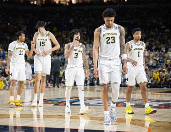April 6, 2026, Indianapolis, Indiana, USA: Michigans Roddy Gayle Jr, Adam Mara, Elliott Nadeau, Yaxel Lendeborg and Try McKinney take to the court against UConn during the NCAA, College League, USA Mens Basketball Championship. Michigan went on to win, 69-63. Monday, April 7, 2026. Indiana Sports - April 6, 2026 - ZUMAr44_ 20260406_zsp_r44_007 Copyright: xThomasxJ.xRussox