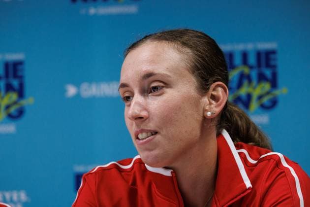 Belgian Elise Mertens pictured during a press conference, PK, Pressekonferenz of Belgian team ahead of the meeting between Belgium and USA, in the qualifiers of the Billie Jean King Cup tennis, in Oostende, Belgium, on Tuesday 07 April 2026. The game will be played on 10 and 11th April. PHOTO KURTxDESPLENTER  x170055019x