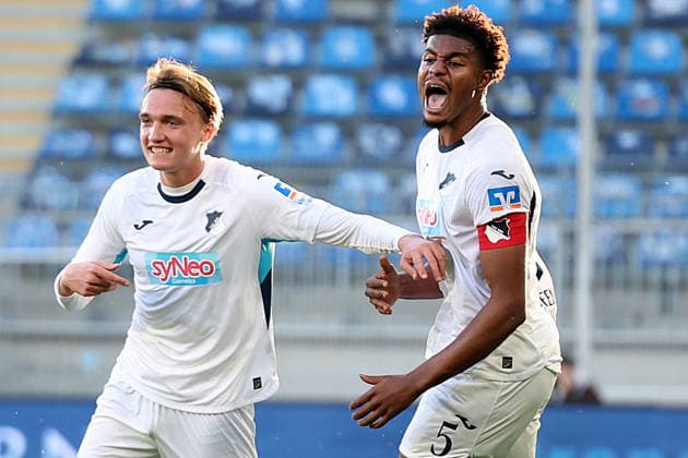 07.04.2026, xrekx, Fussball 3.Liga, SV Waldhof Mannheim - TSG Hoffenheim U23 v.l. Torjubel nach dem Tor zum celebrating the goal celebrate 0:1 durch Luis Engelns (TSG 1899 Hoffenheim) mit Kelven Frees (TSG 1899 Hoffenheim) (DFL DFB REGULATIONS PROHIBIT ANY USE OF PHOTOGRAPHS as IMAGE SEQUENCES and or QUASI-VIDEO) Mannheim *** 07 04 2026, xrekx, Fussball 3 Liga, SV Waldhof Mannheim TSG Hoffenheim U23 v l Torjubel nach dem Tor zum celebrating the goal celebrate 0 1 durch Luis Engelns TSG 1899 Hoffenheim mit Kelven Frees TSG 1899 Hoffenheim DFL DFB REGULATIONS PROHIBIT ANY USE OF PHOTOGRAPHS as IMAGE SEQUENCES and or QUASI VIDEO Mannheim