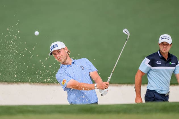 260407 Kristoffer Reitan of Norway and Viktor Hovland of Norway during a practice round prior to the 2026 Masters Golf Tournament on April 7, 2026 in Augusta. Photo: Petter Arvidson BILDBYRAN kod PA PA1191 golf masters bbeng the masters augusta norge Copyright: PETTERxARVIDSON BB260407PA004
