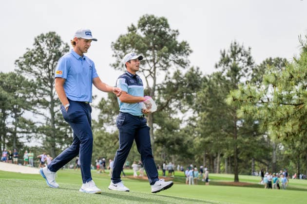 260407 Kristoffer Reitan of Norway and Viktor Hovland of Norway during a practice round prior to the 2026 Masters Golf Tournament on April 7, 2026 in Augusta. Photo: Petter Arvidson BILDBYRAN kod PA PA1191 golf masters bbeng the masters augusta norge Copyright: PETTERxARVIDSON BB260407PA015