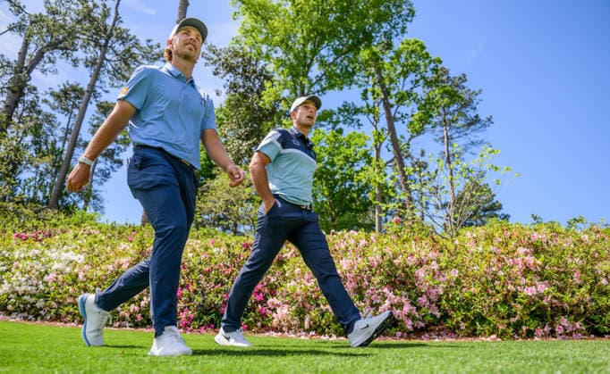 260407 Kristoffer Reitan of Norway and Viktor Hovland of Norway during a practice round prior to the 2026 Masters Golf Tournament on April 7, 2026 in Augusta. Photo: Petter Arvidson BILDBYRAN kod PA PA1191 golf masters bbeng the masters augusta norge Copyright: PETTERxARVIDSON BB260407PA028