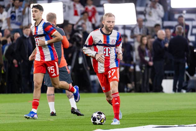 UEFA Champions League 2025 2026 quarter-final, Real Madrid FC Bayern Munich, at Estadio Bernabeu in Madrid Spain April 07, 2026, Madrid, Madrid, Spain: Konrad Laimer of Bayern Munich during the warm-up of the official anthem before the UEFA Champions League 2025 2026 quarter-final, Real Madrid FC Bayern Munich, at Estadio Bernabeu in Madrid Spain Madrid Madrid Spain Copyright: xAlejandroxMatiasx