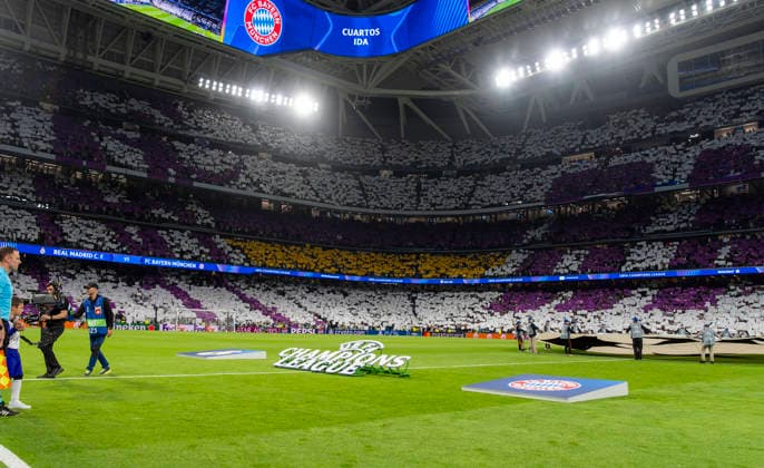 07.04.2026, Fussball UEFA Championsleague 2025 2026: Viertelfinale, Real Madrid - FC Bayern München, im Estadio Bernabeu in Madrid (Spanien), Stadionübersicht, Totale, Übersicht, Vogelperspektive, Innenansicht,