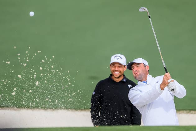 260407 Xander Schauffele of the United States and Scottie Scheffler of the United States during a practice round prior to the 2026 Masters Golf Tournament on April 7, 2026 in Augusta. Photo: Petter Arvidson BILDBYRAN kod PA PA1191 golf masters bbeng the masters augusta Copyright: PETTERxARVIDSON BB260407PA083