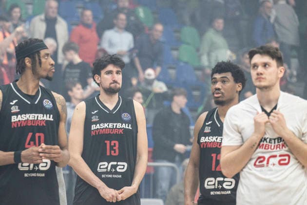Quarter-final of men s basketball Champions League, 2nd game: Nymburk vs Rytas Vilnius in Prague, Czech Republic, April 7, 2026. From left Jaquan Lawrence of Nymburk, David Bohm of Nymburk, Tony Perkins of Nymburk. (CTKxPhoto MichalxKamaryt) CTKPhotoP2026040707317  CTKPhotoP2026040707317