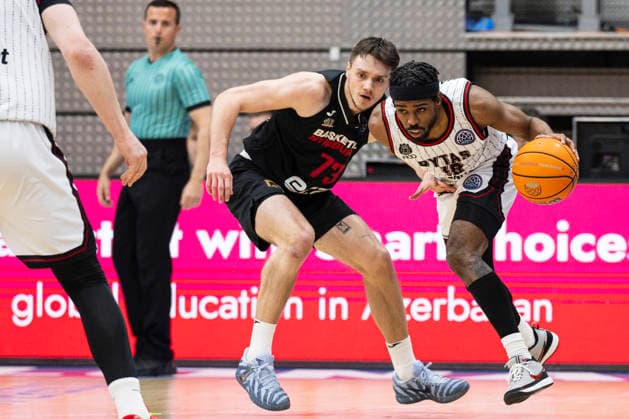 Quarter-final of men s basketball Champions League, 2nd game: Nymburk vs Rytas Vilnius in Prague, Czech Republic, April 7, 2026. From left Jerrick Harding of Vilnius, Frantisek Rylich of Nymburk. (CTKxPhoto MichalxKamaryt) CTKPhotoP2026040707429  CTKPhotoP2026040707429