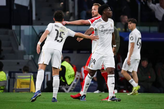 UEFA Champions League 2025 2026 quarter-final, Real Madrid FC Bayern Munich, at Estadio Bernabeu in Madrid Spain April 07, 2026, Madrid, Madrid, Spain: Arda Guler and Aurelien Tchouameni of Real Madrid during the UEFA Champions League 2025 2026 quarter-final, Real Madrid FC Bayern Munich, at Estadio Bernabeu in Madrid Spain Madrid Madrid Spain Copyright: xAlejandroxMatiasx