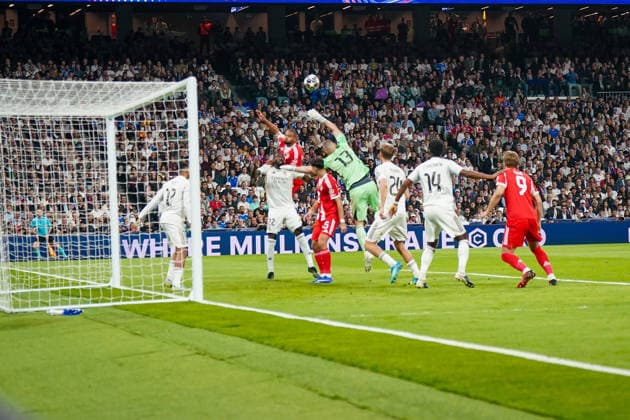 Spanien: Fussball UEFA Champions League 2025 2026, Viertelfinale - Real Madrid vs FC Bayern München - Bernabeu (Madrid): Torraum-Szene Real Copyright: xJOERANxSTEINSIEKx