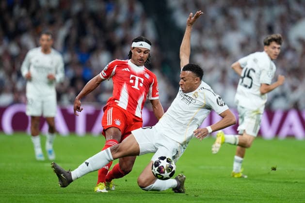 April 7, 2026, Madrid, Madrid, Spain: Serge Gnabry of Bayern Munich and Kylian Mbappe of Real Madrid CF compete for the ball during the UEFA Champions League 2025 26 Quarter-finals First Leg match between Real Madrid C.F. and Bayern Munich at Bernabeu stadium on April 07, 2026, in Madrid, Spain. Real Madrid C.F. V Bayern Munich - UEFA Champions League 2025 26 Quarter-Finals First Leg  - ZUMAa181 20260407_zaa_a181_339 Copyright: xDennisxAgyemanx