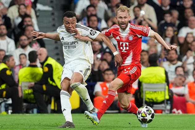 REAL MADRID CF v BAYERN MUNCHEN. CHAMPIONS LEAGUE 2025 2026. QUARTER FINALS. 1ST LEG MATCH. Real Madrid CF s Kylian Mbappe (l) and Bayern Munchen™s Konrad Laimer during Champions League 2025 2026, Quarter-finals, first Leg match. April 7, 2026 (ALTERPHOTOS Acero) MadridSpain  Copyright: xAcerox