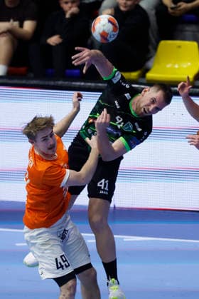 RK Nexe v IFK Kristianstad - EHF European League Men 2025 2026 Tin Lucin of RK Nexe shoots whilst under pressure from Isaac Biel Nielsen of IFK Kristianstad during the EHF European League Men 2025 26 play-offs 2nd leg match between RK Nexe and IFK Kristianstad at Sports Hall King Tomislav on April 7, 2026 in Nasice, Croatia.  DavorxJavorovic PIXSELL