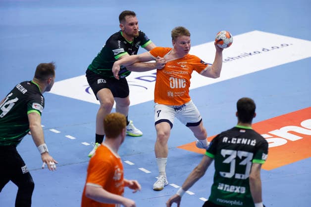 RK Nexe v IFK Kristianstad - EHF European League Men 2025 2026 Axel Mansson of IFK Kristianstad in action against Tin Lucin of RK Nexe during the EHF European League Men 2025 26 play-offs 2nd leg match between RK Nexe and IFK Kristianstad at Sports Hall King Tomislav on April 7, 2026 in Nasice, Croatia.  DavorxJavorovic PIXSELL