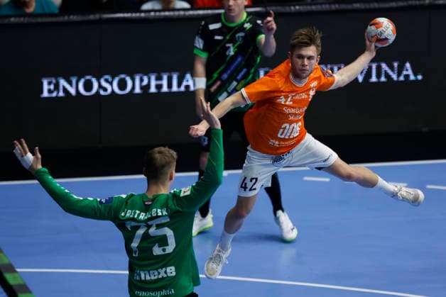 RK Nexe v IFK Kristianstad - EHF European League Men 2025 2026 Albin Selin of IFK Kristianstad shoots the ball during the EHF European League Men 2025 26 play-offs 2nd leg match between RK Nexe and IFK Kristianstad at Sports Hall King Tomislav on April 7, 2026 in Nasice, Croatia.  DavorxJavorovic PIXSELL