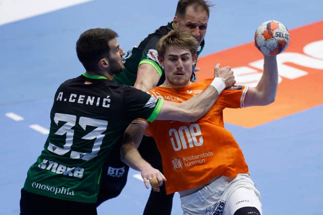 RK Nexe v IFK Kristianstad - EHF European League Men 2025 2026 Isaac Biel Nielsen of IFK Kristianstad in action against Aleksandar Cenic or RK Nexe during the EHF European League Men 2025 26 play-offs 2nd leg match between RK Nexe and IFK Kristianstad at Sports Hall King Tomislav on April 7, 2026 in Nasice, Croatia.  DavorxJavorovic PIXSELL