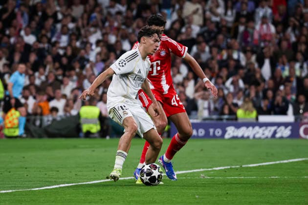 UEFA Champions League 2025 2026 quarter-final, Real Madrid FC Bayern Munich, at Estadio Bernabeu in Madrid Spain April 07, 2026, Madrid, Madrid, Spain: Thiago Pitarch of Real Madrid during the UEFA Champions League 2025 2026 quarter-final, Real Madrid FC Bayern Munich, at Estadio Bernabeu in Madrid Spain Madrid Madrid Spain Copyright: xAlejandroxMatiasx