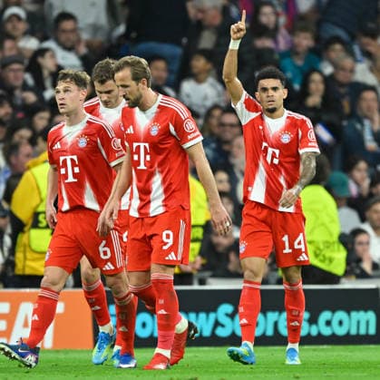 Madrid, Estadio Santiago Bernabeu, 07.04.26, GER, Herren, UEFA Champions League, Viertelfinale, Saison 2025-2026, Real Madrid - FC Bayern Muenchen Bild: LUIS DIAZ (Muenchen) jubelt nach seinem Tor zum 0:1 UEFA regulations prohibit any use of photographs as image sequences and or quasi-video. Spanien