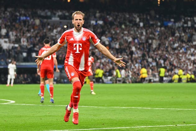 Madrid, Estadio Santiago Bernabeu, 07.04.26, GER, Herren, UEFA Champions League, Viertelfinale, Saison 2025-2026, Real Madrid - FC Bayern Muenchen Bild: Harry KANE (Muenchen) jubelt nach seinem Tor zum 0:2 UEFA regulations prohibit any use of photographs as image sequences and or quasi-video. Spanien