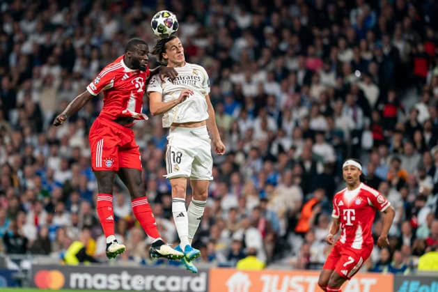 REAL MADRID CF v BAYERN MUNCHEN. CHAMPIONS LEAGUE 2025 2026. QUARTER FINALS. 1ST LEG MATCH. Real Madrid CF s Alvaro Carreras and Bayern Munchen™s Dayot Upamecano during Champions League 2025 2026, Quarter-finals, first Leg match. April 7, 2026 (ALTERPHOTOS Tomas Garrido) MadridSpain  Copyright: xTomasxGarridox