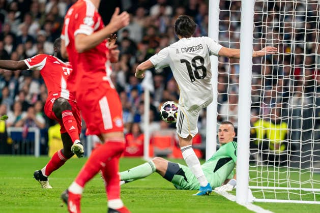REAL MADRID CF v BAYERN MUNCHEN. CHAMPIONS LEAGUE 2025 2026. QUARTER FINALS. 1ST LEG MATCH. UEFA Champions league Real Madrid v Bayern Munchen - Real Madrid CF s Alvaro Carreras during Champions League Quarter-finals, first leg match. April 7, 2026. (ALTERPHOTOS Tomas Garrido) MadridSpain  Copyright: xTomasxGarridox