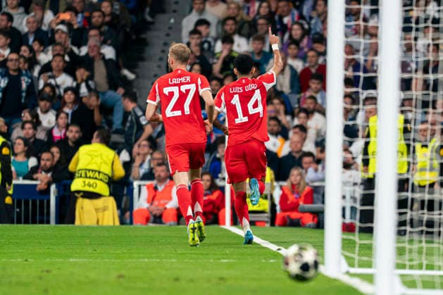 REAL MADRID CF v BAYERN MUNCHEN. CHAMPIONS LEAGUE 2025 2026. QUARTER FINALS. 1ST LEG MATCH. UEFA Champions league Real Madrid v Bayern Munchen - FC Bayern MunchenÂ s Luis Diaz celebtrates a goal during Champions League Quarter-finals, first leg match. April 7, 2026. (ALTERPHOTOS Tomas Garrido) MadridSpain  Copyright: xTomasxGarridox