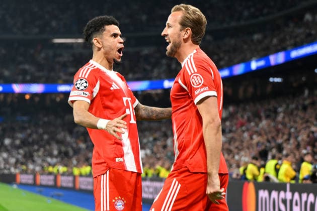 Madrid, Estadio Santiago Bernabeu, 07.04.26, GER, Herren, UEFA Champions League, Viertelfinale, Saison 2025-2026, Real Madrid - FC Bayern Muenchen Bild: Harry KANE (Muenchen) jubelt nach seinem Tor zum 0:2 mit LUIS DIAZ (Muenchen) UEFA regulations prohibit any use of photographs as image sequences and or quasi-video. Spanien