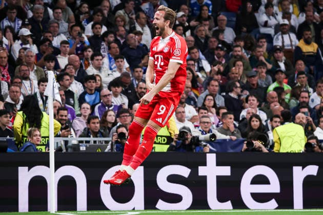 UEFA Champions League 2025 2026 quarter-final, Real Madrid FC Bayern Munich, at Estadio Bernabeu in Madrid Spain April 07, 2026, Madrid, Madrid, Spain: Harry Kave of Bayern Munich celebrates his goal wit his teammates during the UEFA Champions League 2025 2026 quarter-final, Real Madrid FC Bayern Munich, at Estadio Bernabeu in Madrid Spain Madrid Madrid Spain Copyright: xAlejandroxMatiasx