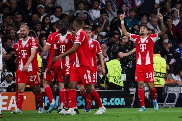 UEFA Champions League quarterfinal first leg soccer match Real Madrid vs Bayern Munich at Santiago Bernabeu stadium in Madrid, Spain. 07 April 2026 Luis Diaz celebrates a goal 900 Cordon Press  900 CordonxPress LOF - Champions League Real Madrid vs Bayern Munich