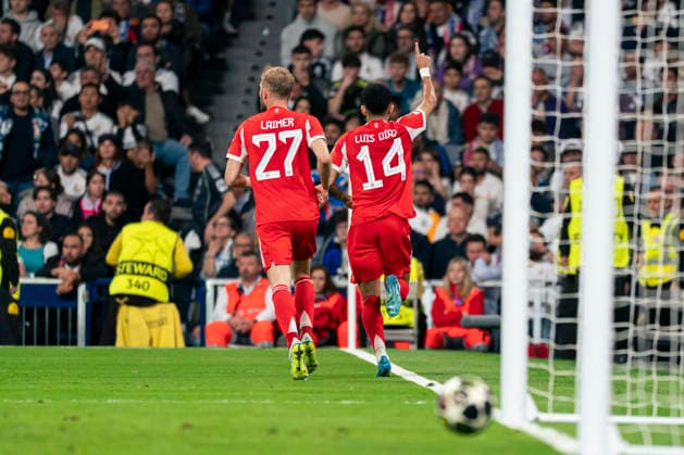 UEFA Champions league Real Madrid v Bayern Munchen - FC Bayern MunchenÂ s Luis Diaz celebtrates a goal during Champions League Quarter-finals, first leg match. April 7, 2026. (202604071084)