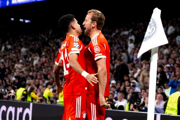UEFA champions league - Real Madrid vs Bayern Munchen MADRID, SPAIN - April 7:Harry Kane of Bayern Munich and Luis Diaz of Bayern Munich celebrates a goal during the UEFA champions league 2025 26 Quarter-finals first leg match between Real Madrid and Bayern Munchen at Santiago Bernabeu Stadium. (Photo by Guille Martinez f22photo) Madrid Santiago Bernabeu Stadium Spain Copyright: xGuillermoxMartinezx