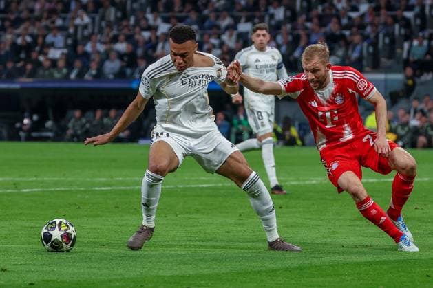 Kylian Mbappe 10 (Real Madrid) in Aktion gegen Konrad Laimer 27 (FC Bayern Muenchen), Real Madrid vs. FC Bayern Muenchen, Fussball, Maenner, UEFA Champions League, Saison 2025 2026, Viertelfinal-Hinspiel (Quarter Finals 1st Leg), 07.04.2026 Madrid Madrid Spanien